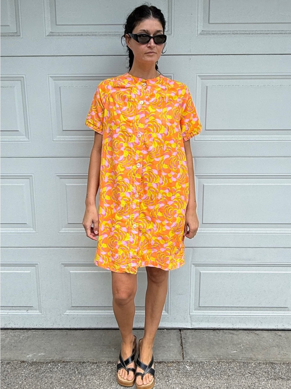 Vintage 60s Cotton House Dress Psychedelic Duster Orange & Pink Button Front